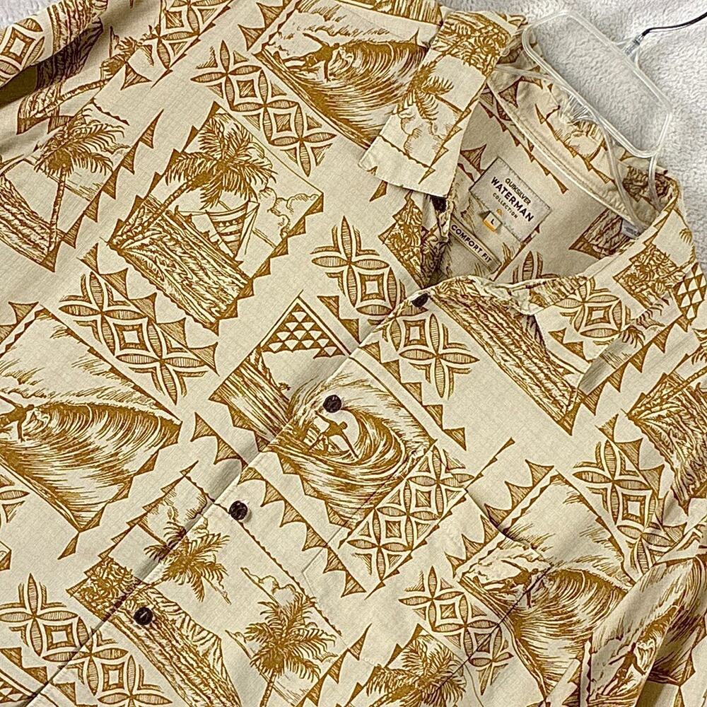 Quiksilver Waterman Hawaiian Shirt Mens L Beige Beach Tribal Aloha Tapa Rayon
